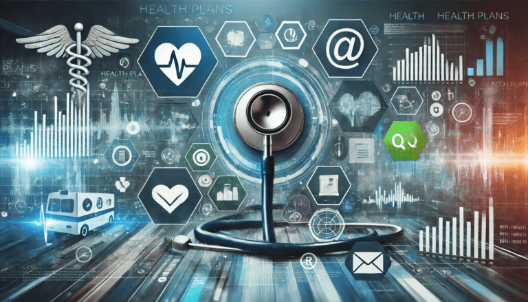 Digital representation of health plans marketing with a stethoscope in focus surrounded by healthcare and data icons, symbolizing tech-driven marketing strategies.